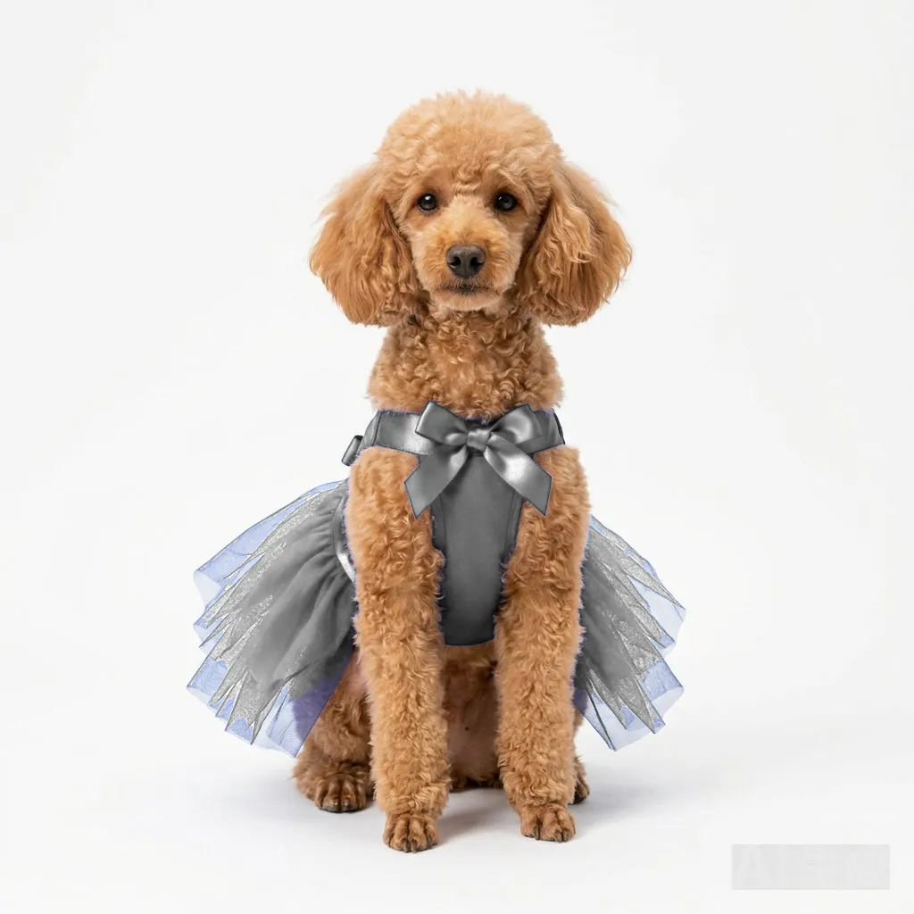 Charcoal Grey Dog Tulle Party Dress worn by a dog — fit reference