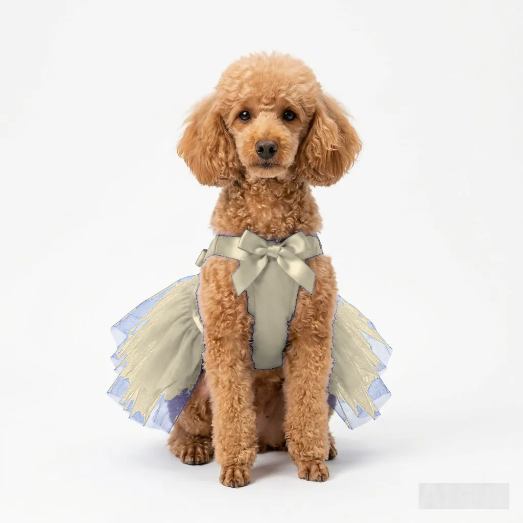 Cream Dog Tulle Party Dress worn by a dog — fit reference