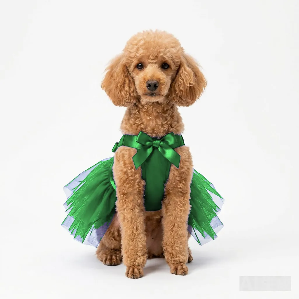 Forest Green Dog Tulle Party Dress worn by a dog — fit reference