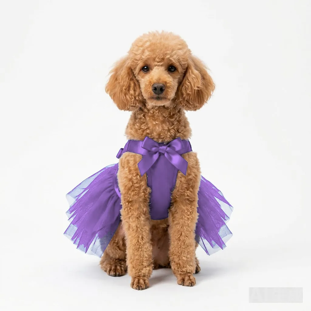 Lavender Dog Tulle Party Dress worn by a dog — fit reference