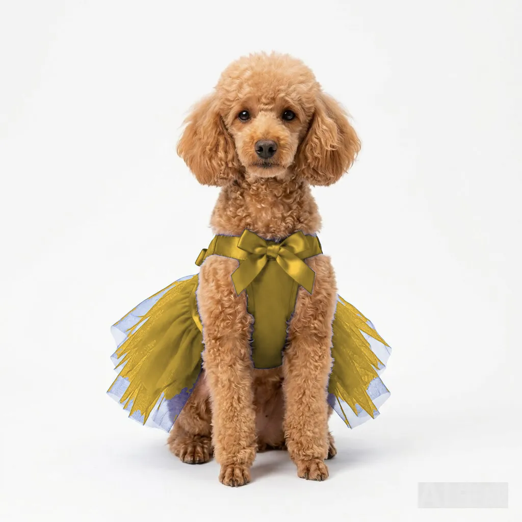 Mustard Dog Tulle Party Dress worn by a dog — fit reference