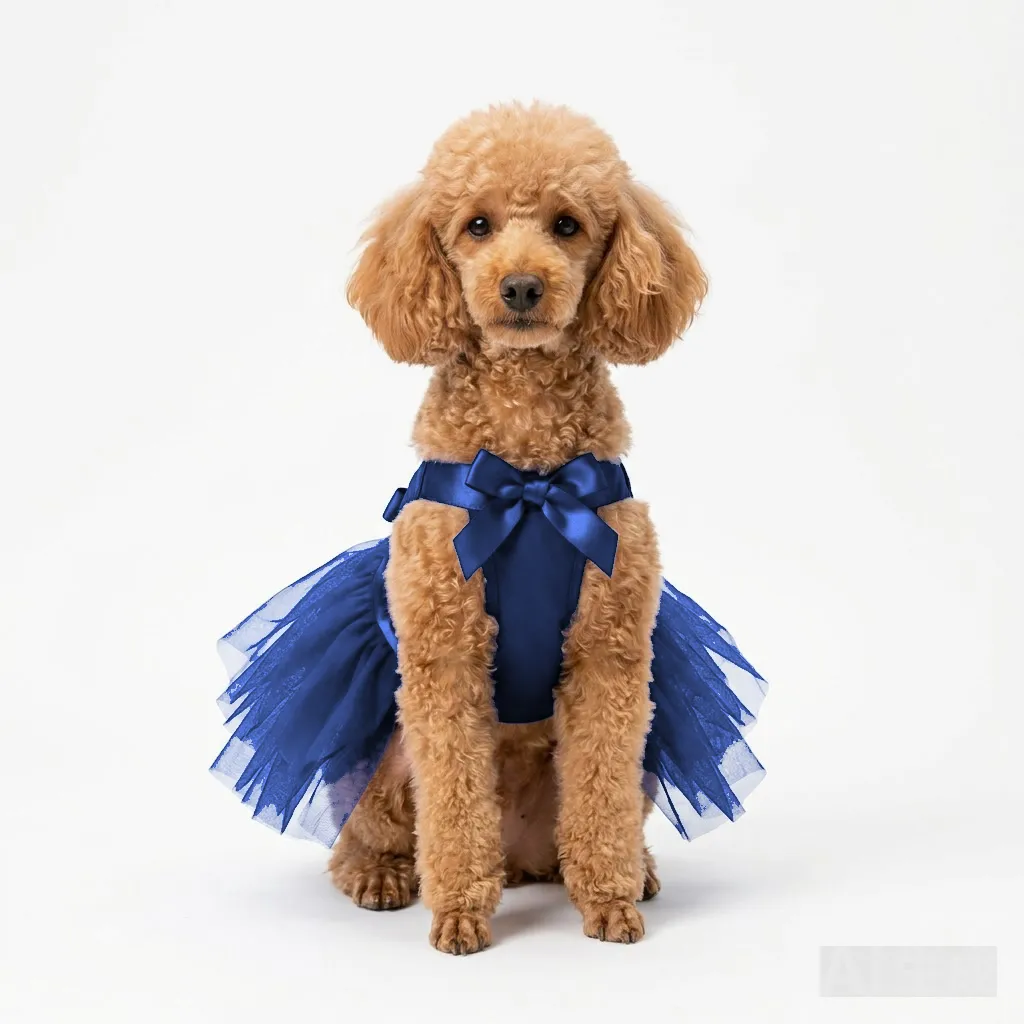 Navy Dog Tulle Party Dress worn by a dog — fit reference