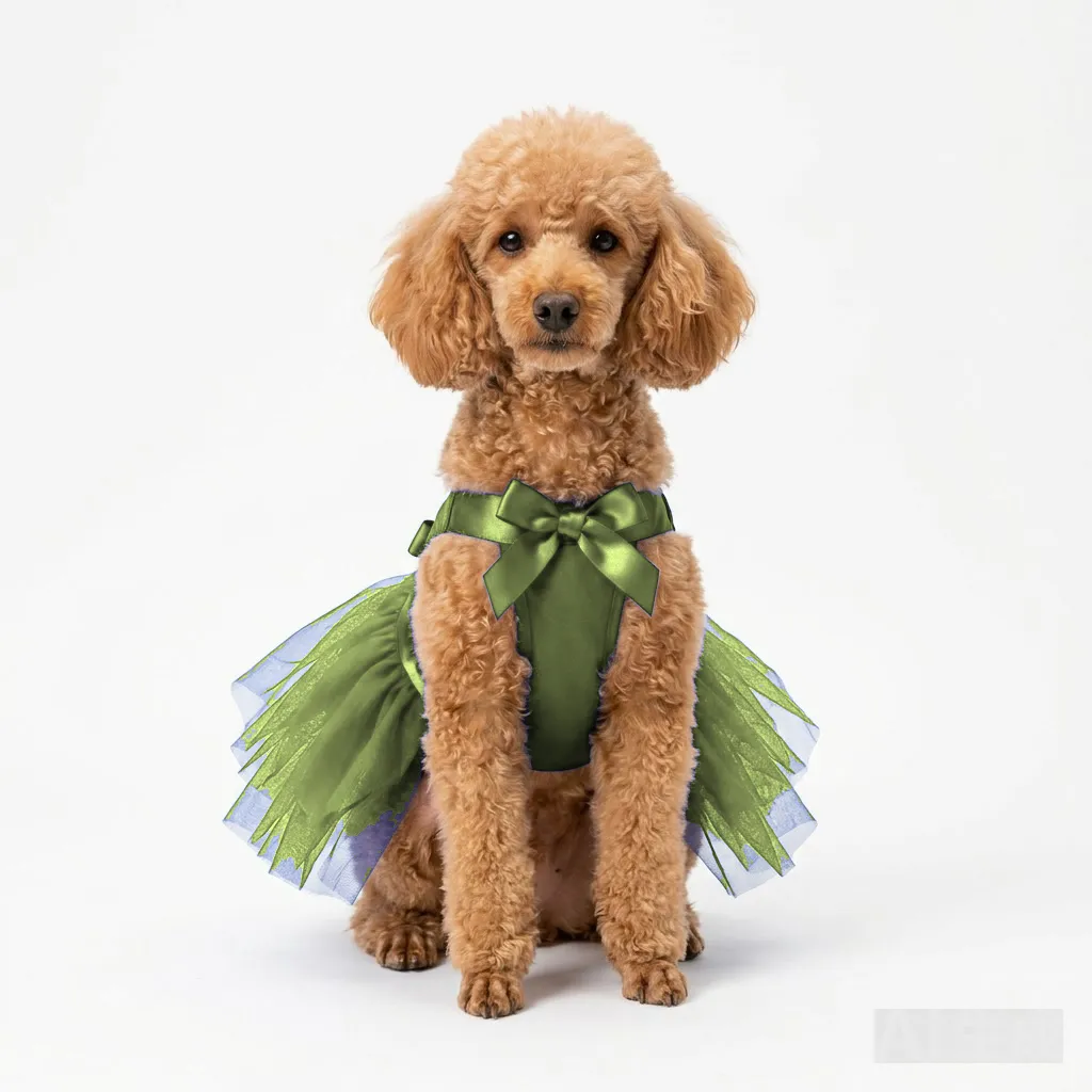 Olive Dog Tulle Party Dress worn by a dog — fit reference