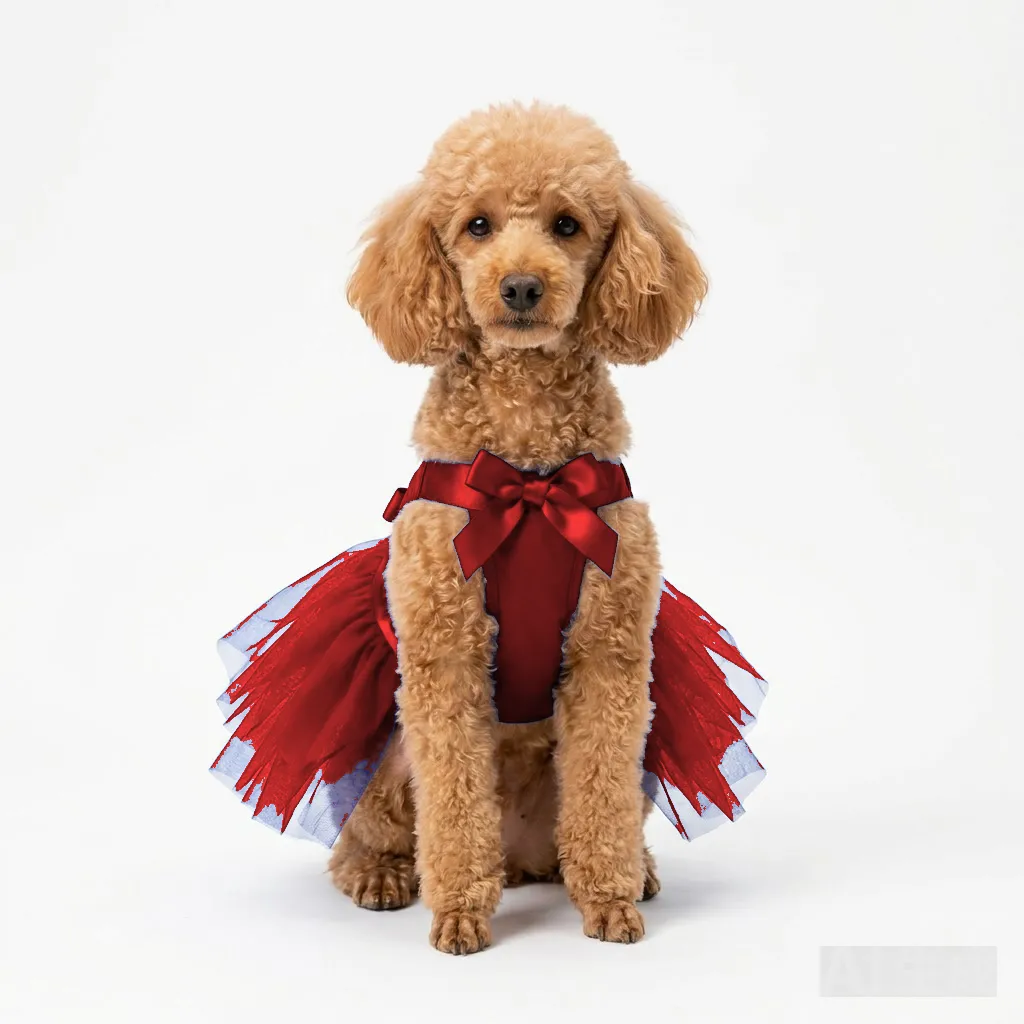 Red Dog Tulle Party Dress worn by a dog — fit reference