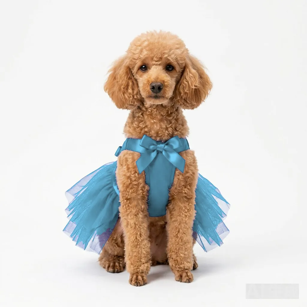 Sky Blue Dog Tulle Party Dress worn by a dog — fit reference