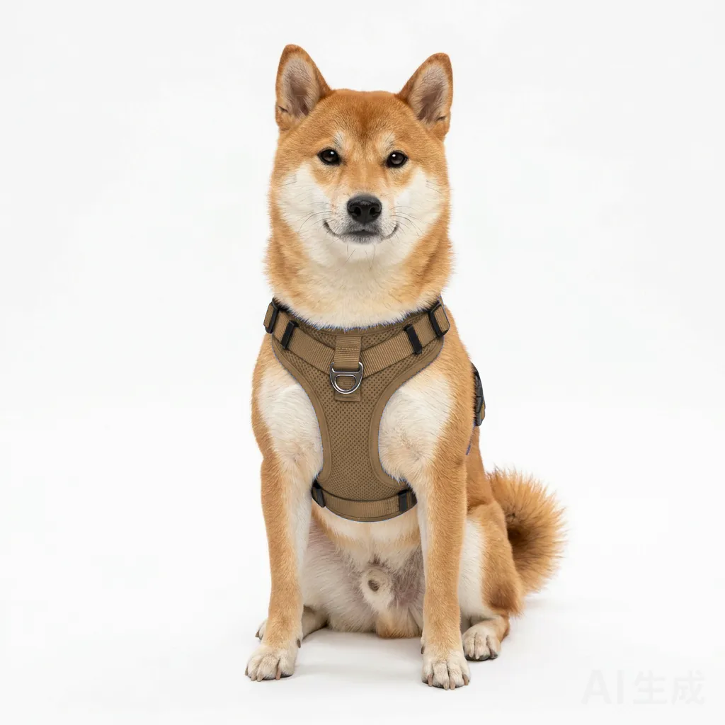Camel Dog Padded Walking Coat with Harness worn by a dog — fit reference