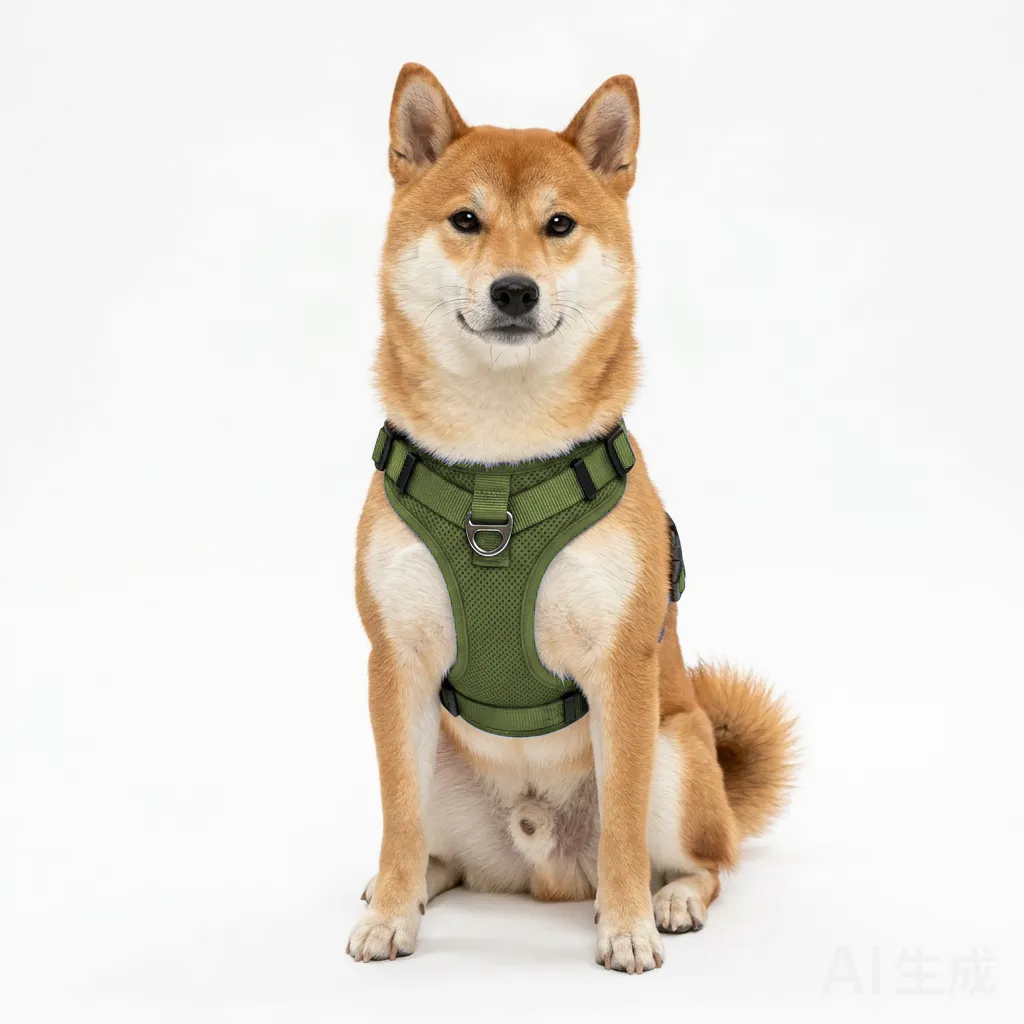 Olive Dog Padded Walking Coat with Harness worn by a dog — fit reference