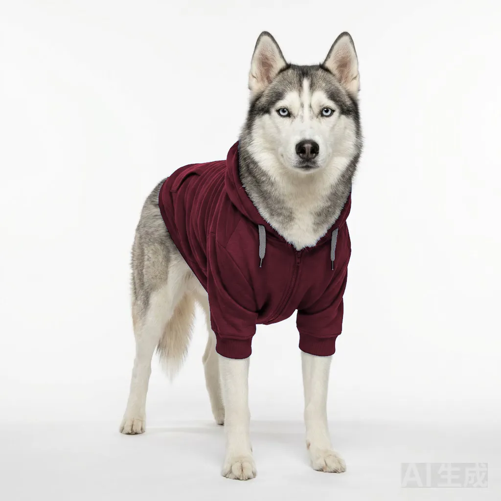 Burgundy Dog Zip-Up Hoodie worn by a dog — fit reference