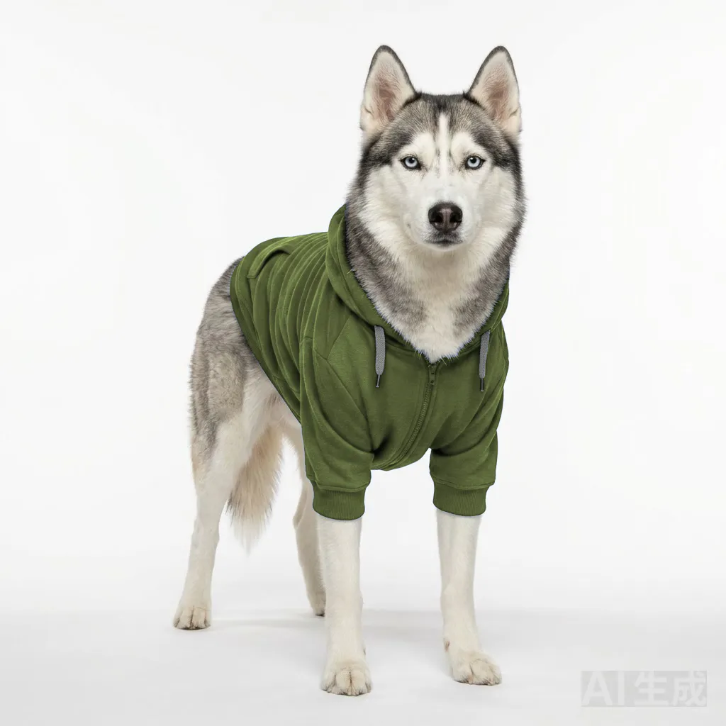 Olive Dog Zip-Up Hoodie worn by a dog — fit reference