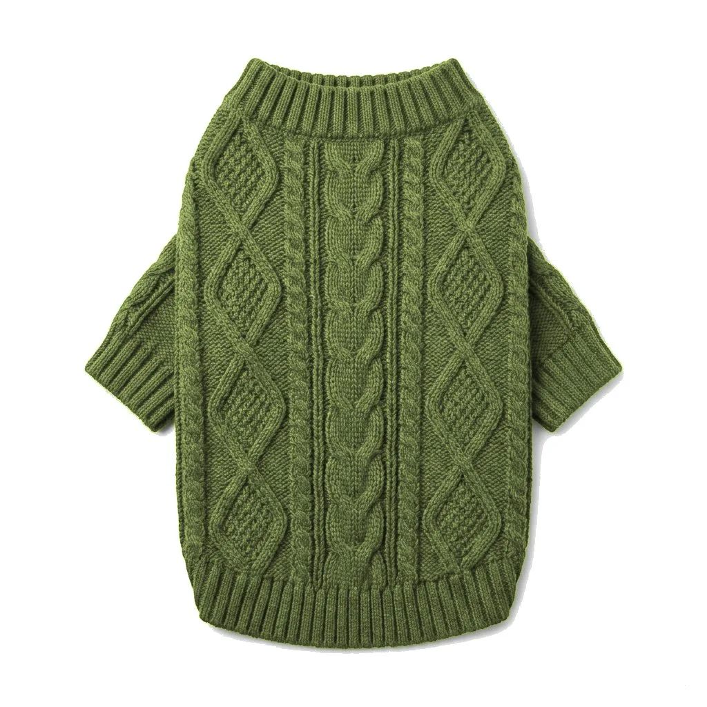Olive Dog Cable Knit Sweater flat lay — wholesale pet apparel, design render