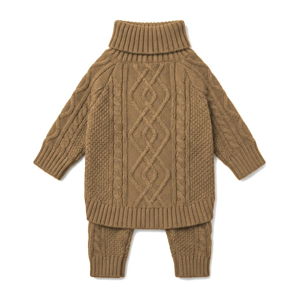 Camel Dog Cable Turtleneck Knit flat lay — wholesale pet apparel, design render