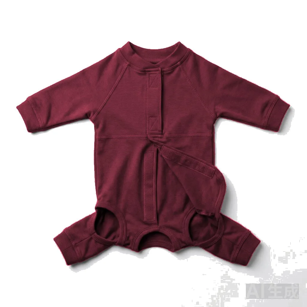 Burgundy Cat Post-Surgery Recovery Suit flat lay — wholesale pet apparel, design render
