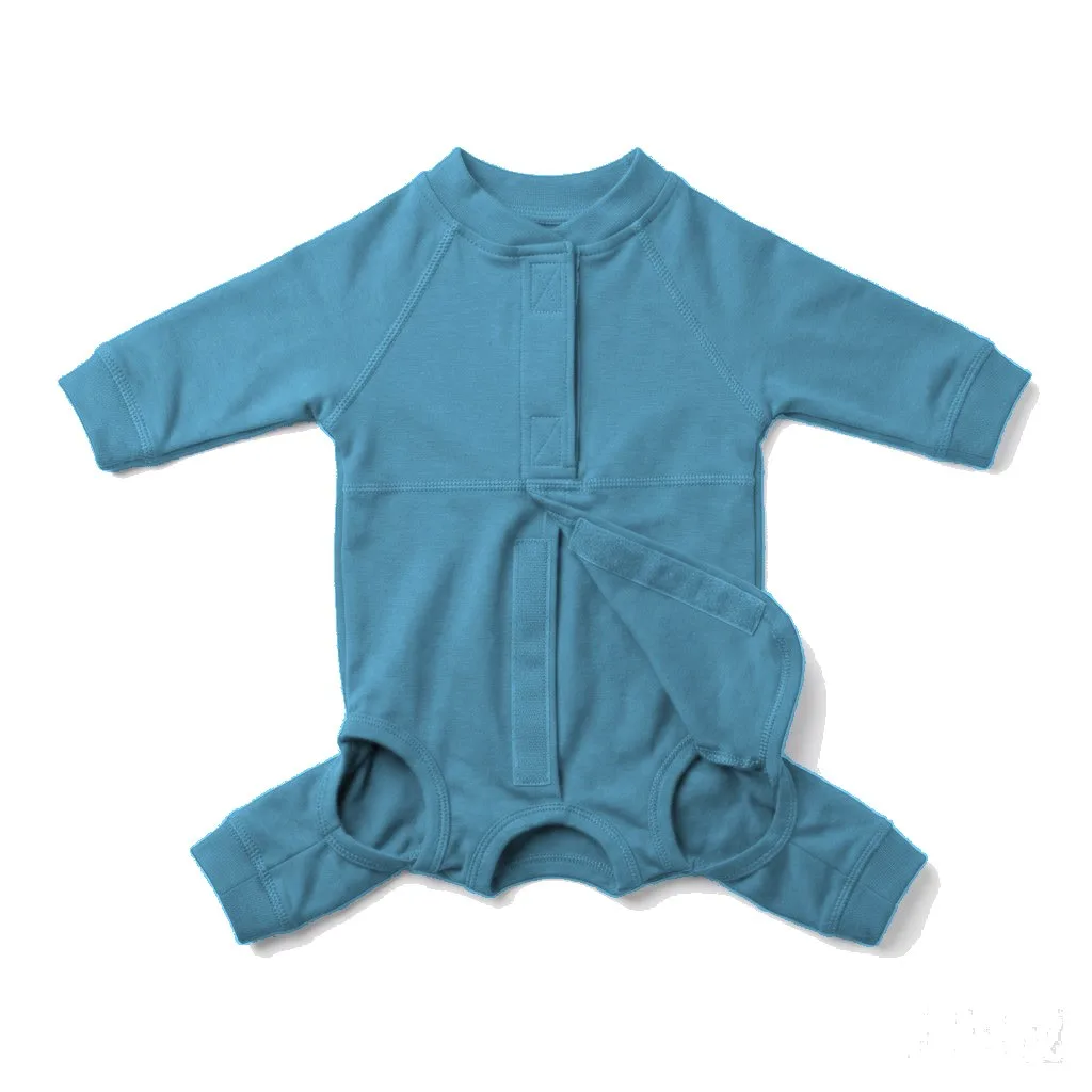 Sky Blue Cat Post-Surgery Recovery Suit flat lay — wholesale pet apparel, design render