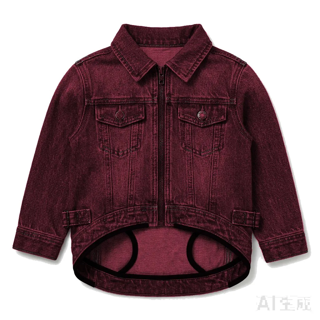 Burgundy Dog Denim Trucker Jacket flat lay — wholesale pet apparel, design render