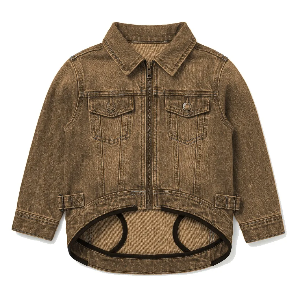 Camel Dog Denim Trucker Jacket flat lay — wholesale pet apparel, design render