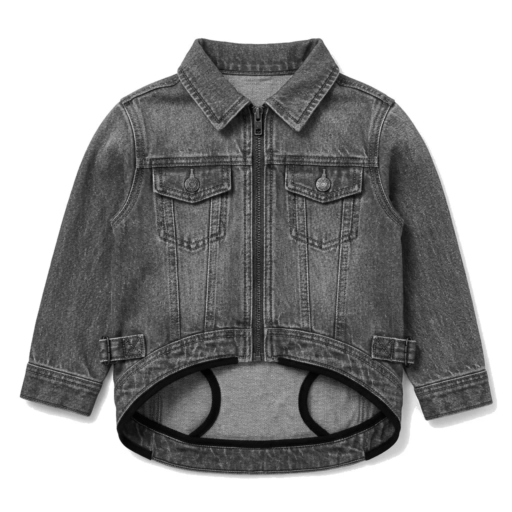 Charcoal Grey Dog Denim Trucker Jacket flat lay — wholesale pet apparel, design render