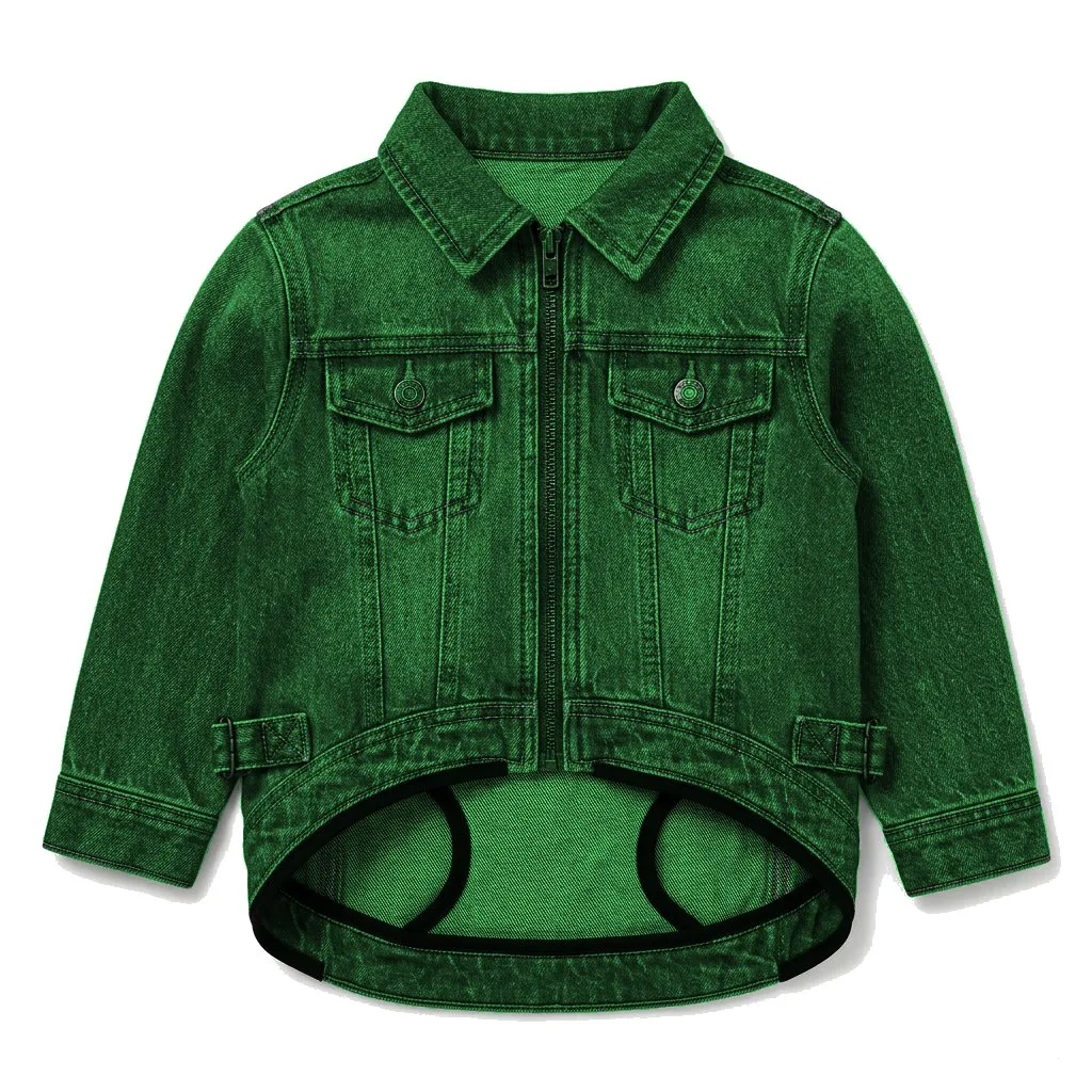 Forest Green Dog Denim Trucker Jacket flat lay — wholesale pet apparel, design render