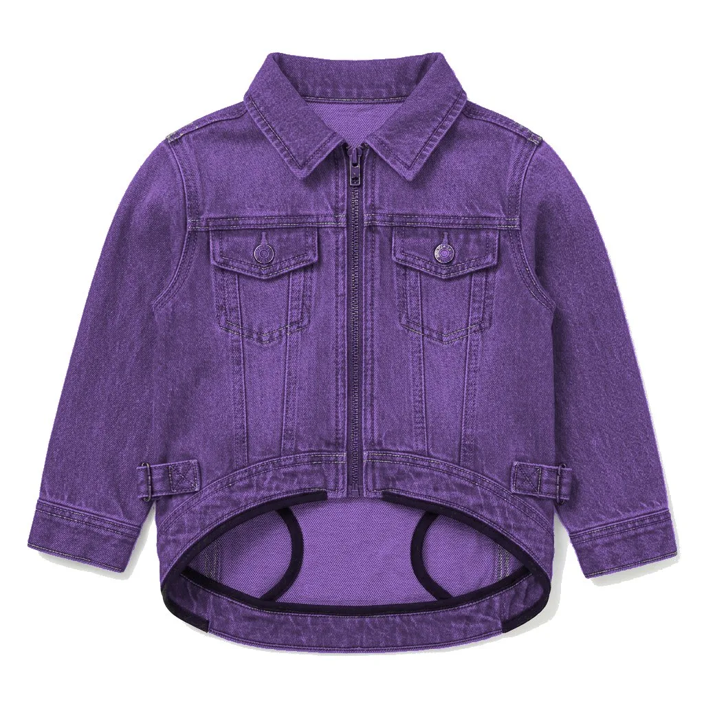 Lavender Dog Denim Trucker Jacket flat lay — wholesale pet apparel, design render