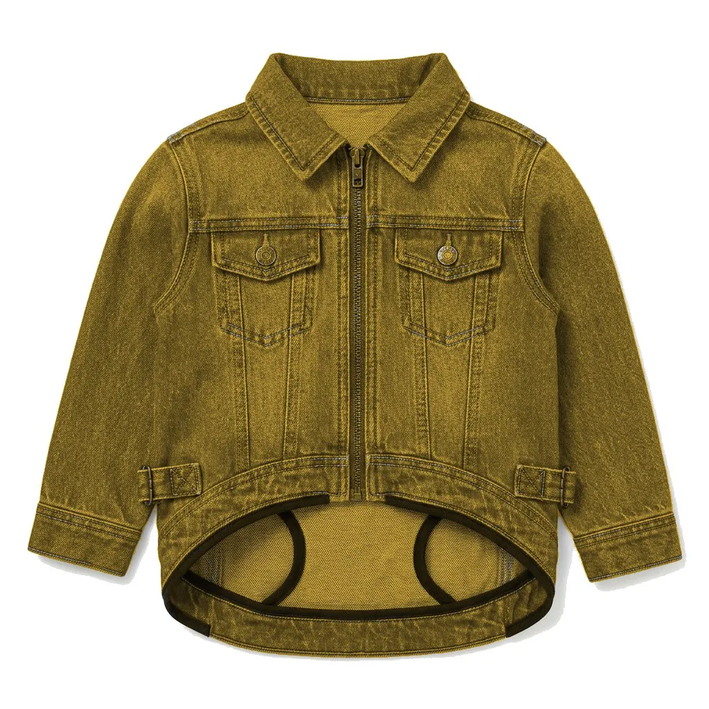 Mustard Dog Denim Trucker Jacket flat lay — wholesale pet apparel, design render