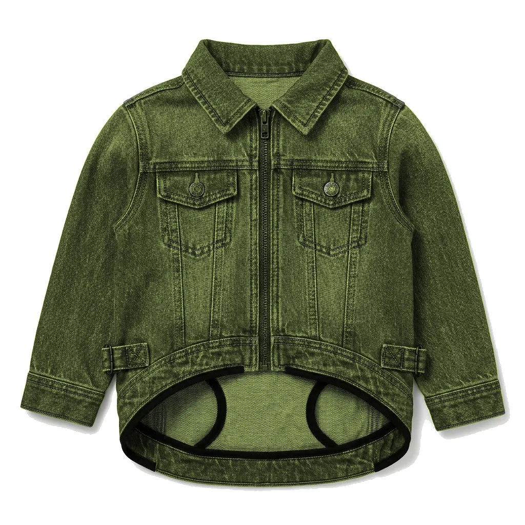 Olive Dog Denim Trucker Jacket flat lay — wholesale pet apparel, design render