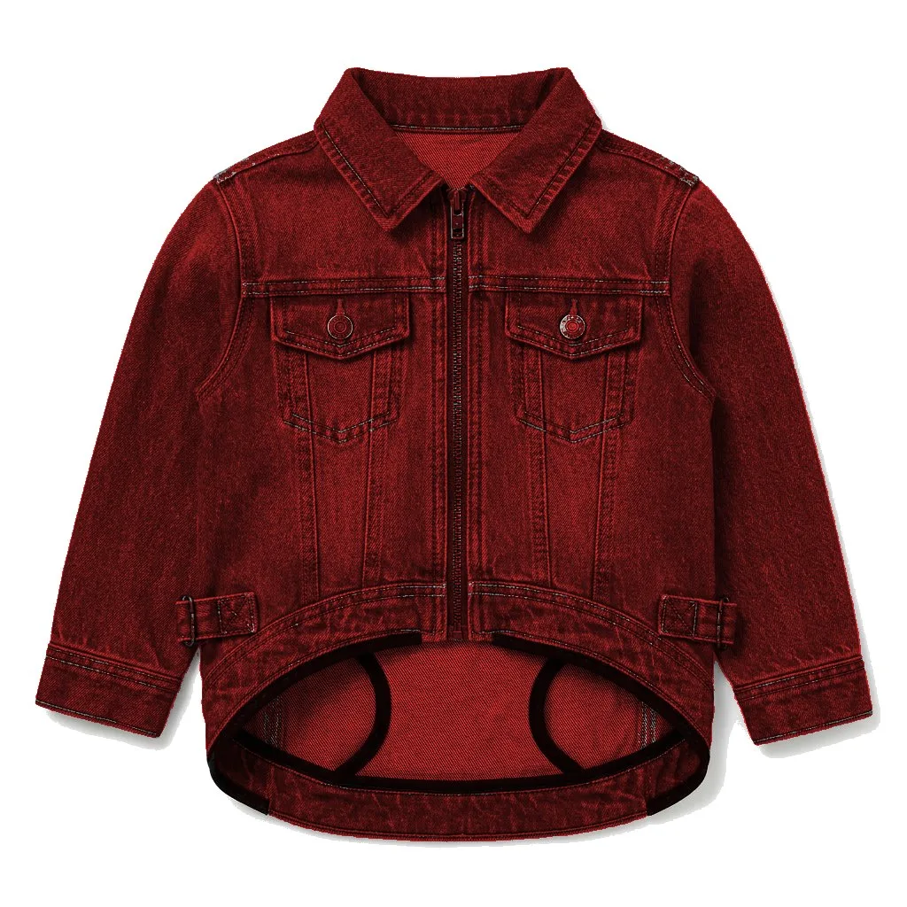 Red Dog Denim Trucker Jacket flat lay — wholesale pet apparel, design render