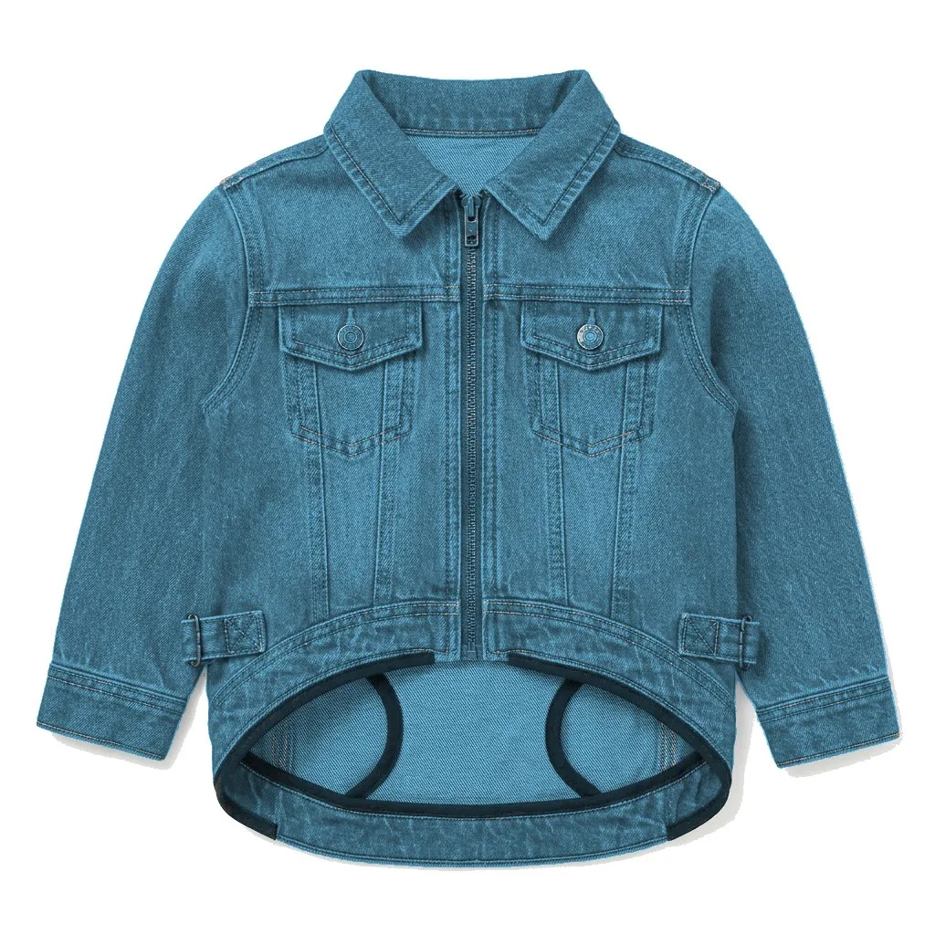 Sky Blue Dog Denim Trucker Jacket flat lay — wholesale pet apparel, design render
