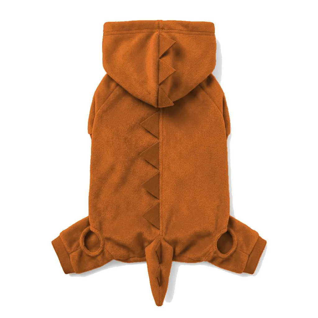 Orange Dog Dinosaur Costume flat lay — wholesale pet apparel, design render