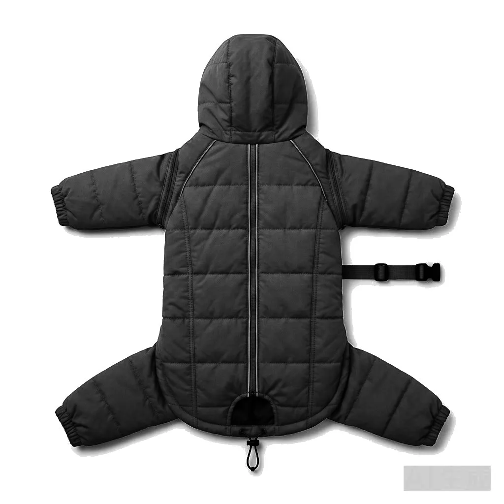 Black Dog Four-Leg Winter Parka flat lay — wholesale pet apparel, design render