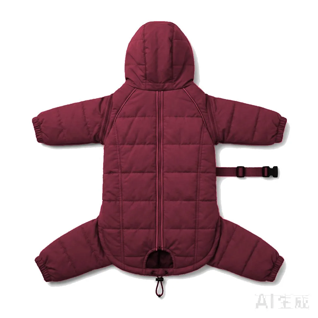 Burgundy Dog Four-Leg Winter Parka flat lay — wholesale pet apparel, design render