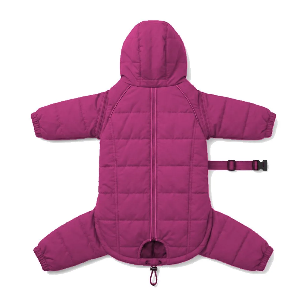 Hot Pink Dog Four-Leg Winter Parka flat lay — wholesale pet apparel, design render