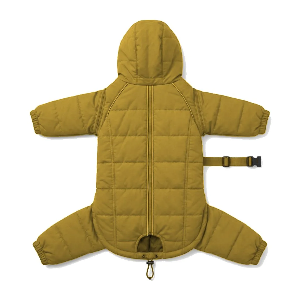 Mustard Dog Four-Leg Winter Parka flat lay — wholesale pet apparel, design render