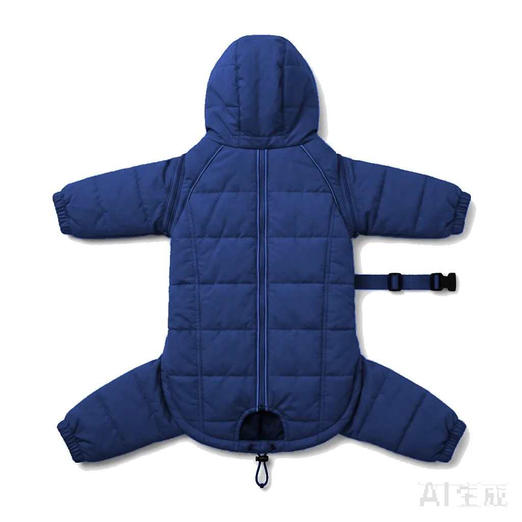Navy Dog Four-Leg Winter Parka flat lay — wholesale pet apparel, design render