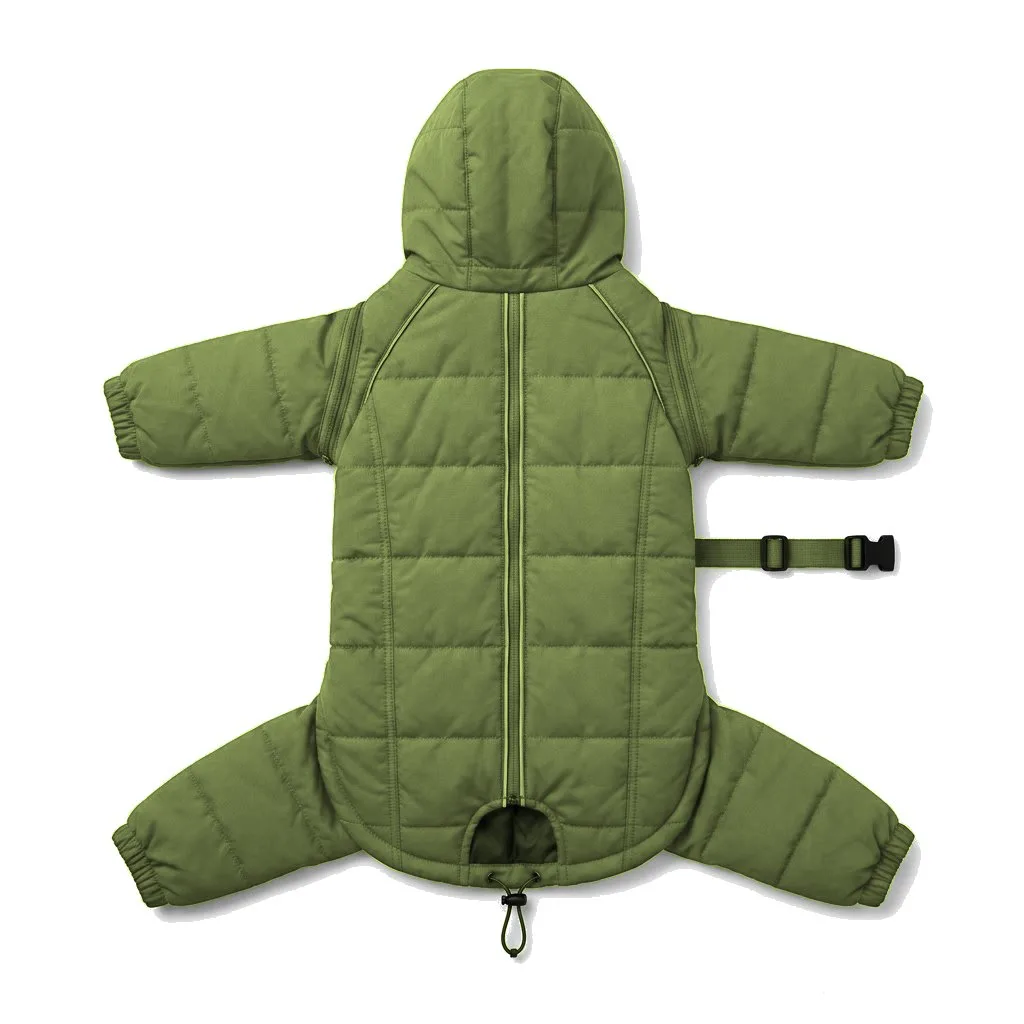Olive Dog Four-Leg Winter Parka flat lay — wholesale pet apparel, design render