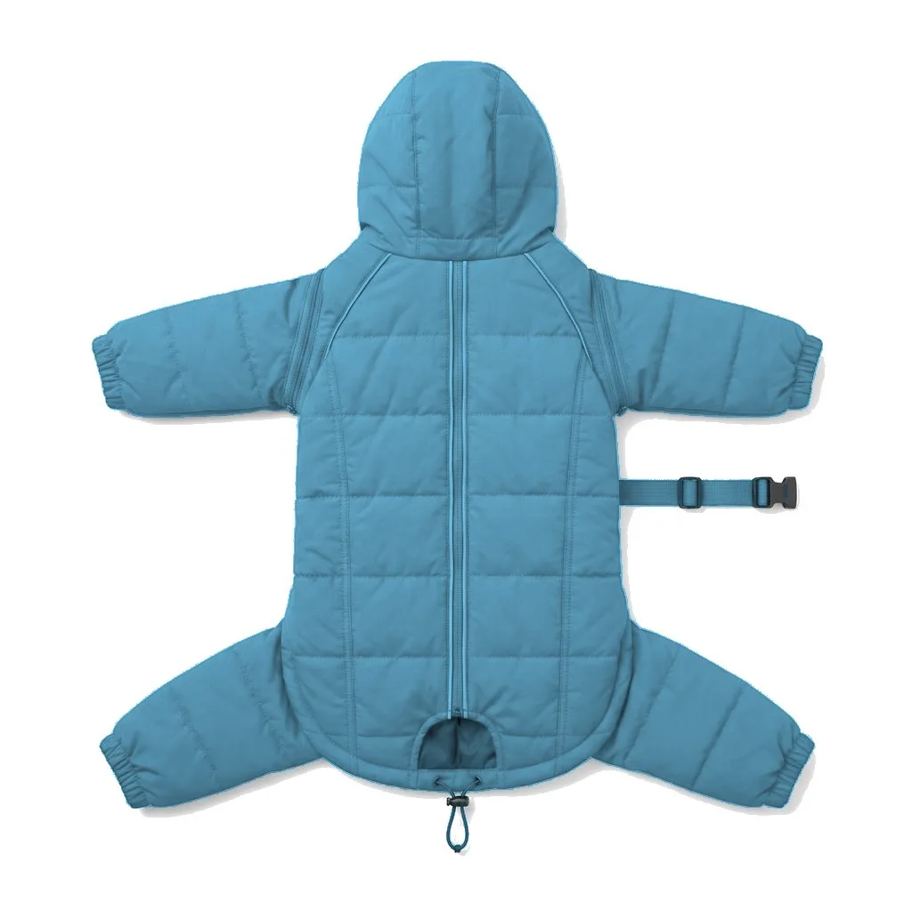 Sky Blue Dog Four-Leg Winter Parka flat lay — wholesale pet apparel, design render
