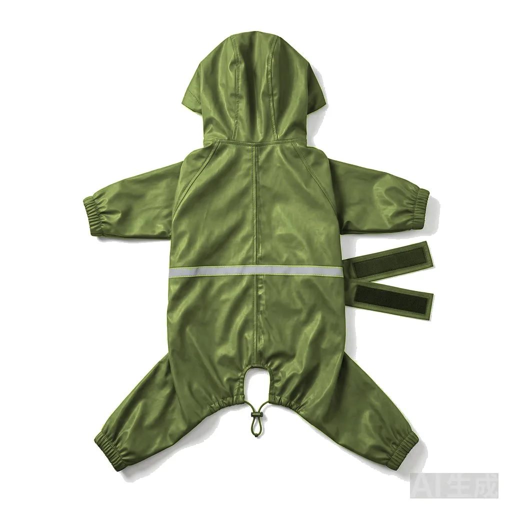 Olive Dog Four-Leg Waterproof Raincoat flat lay — wholesale pet apparel, design render