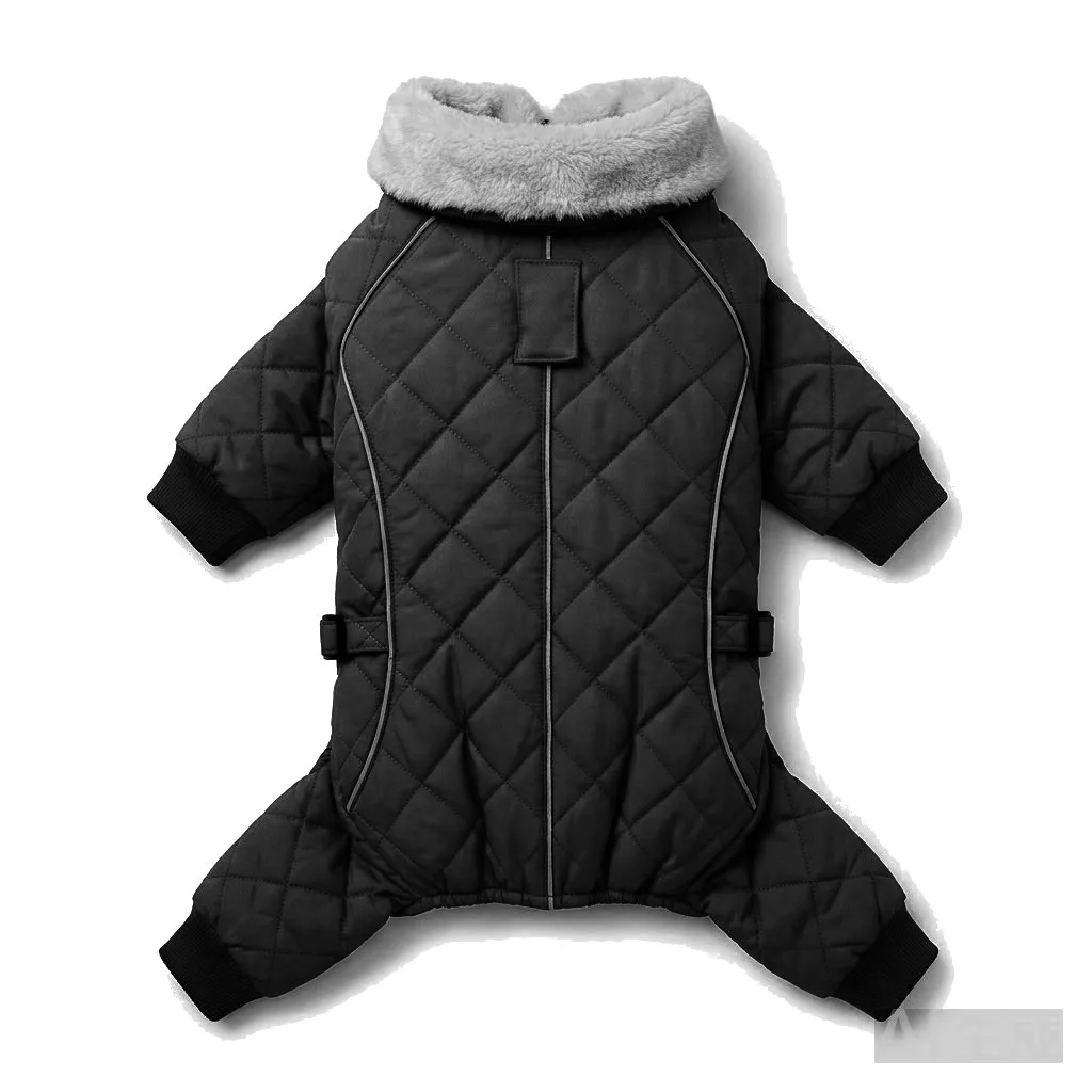 Black Dog Fur-Collar Quilted Coat flat lay — wholesale pet apparel, design render