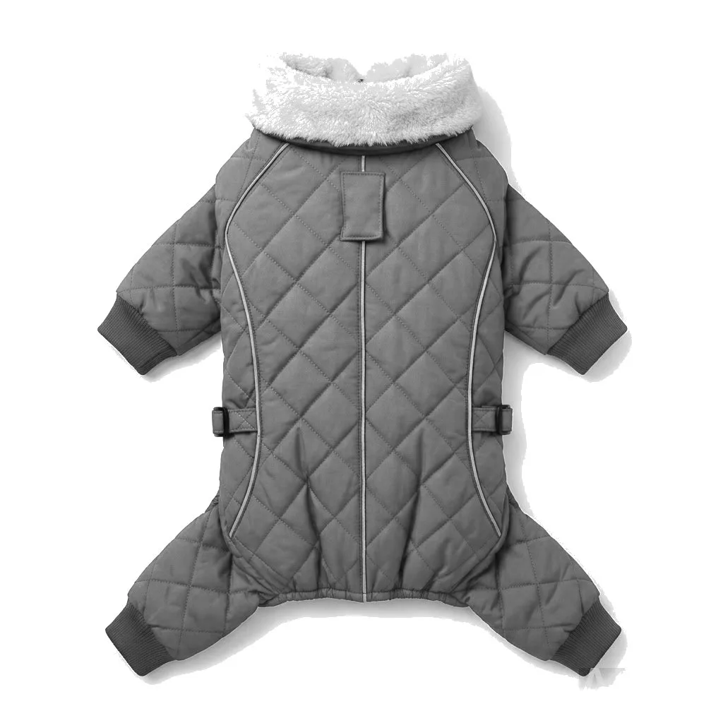 Charcoal Grey Dog Fur-Collar Quilted Coat flat lay — wholesale pet apparel, design render