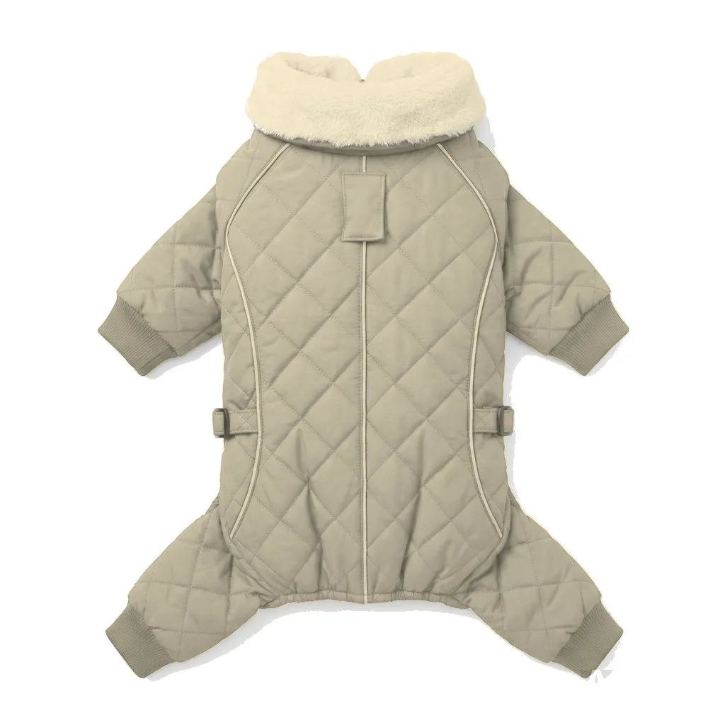 Cream Dog Fur-Collar Quilted Coat flat lay — wholesale pet apparel, design render