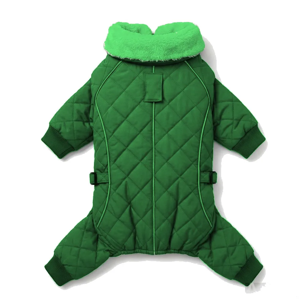 Forest Green Dog Fur-Collar Quilted Coat flat lay — wholesale pet apparel, design render