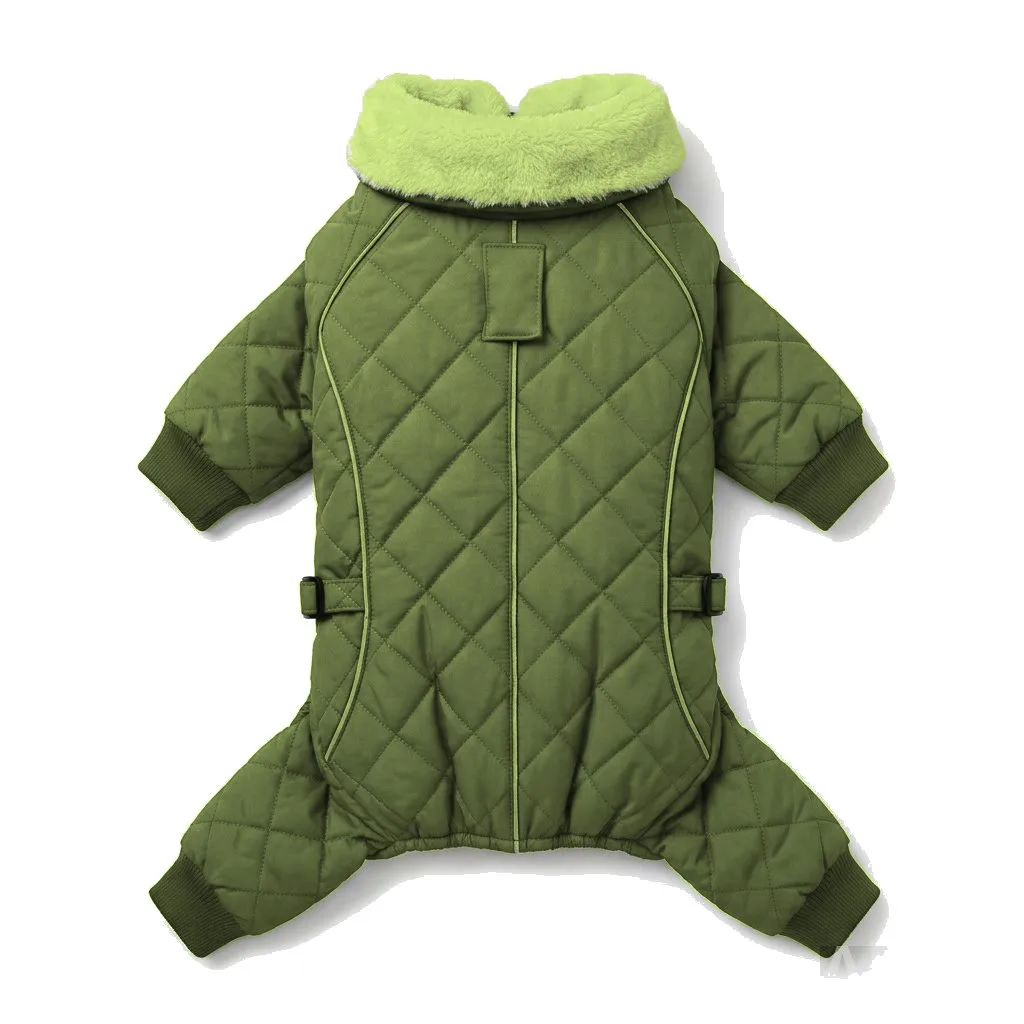 Olive Dog Fur-Collar Quilted Coat flat lay — wholesale pet apparel, design render