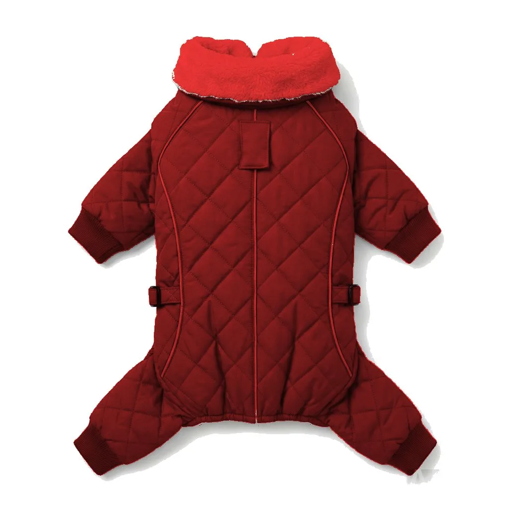 Red Dog Fur-Collar Quilted Coat flat lay — wholesale pet apparel, design render