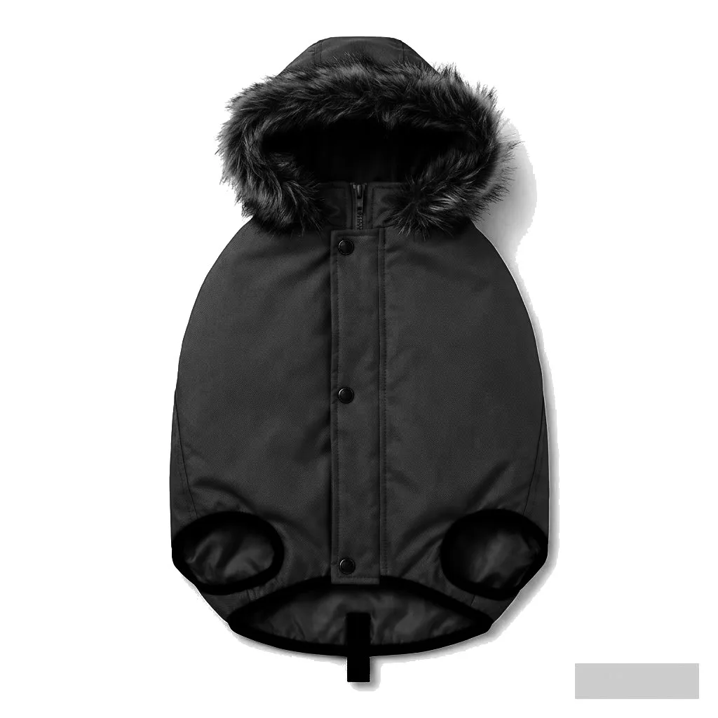 Black Dog Hooded Puffer Parka flat lay — wholesale pet apparel, design render