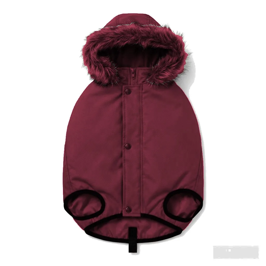 Burgundy Dog Hooded Puffer Parka flat lay — wholesale pet apparel, design render
