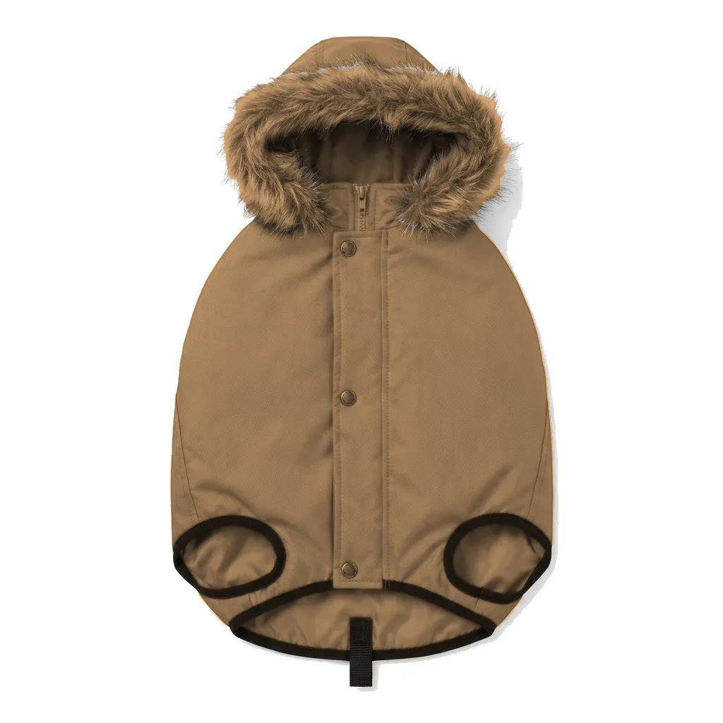 Camel Dog Hooded Puffer Parka flat lay — wholesale pet apparel, design render