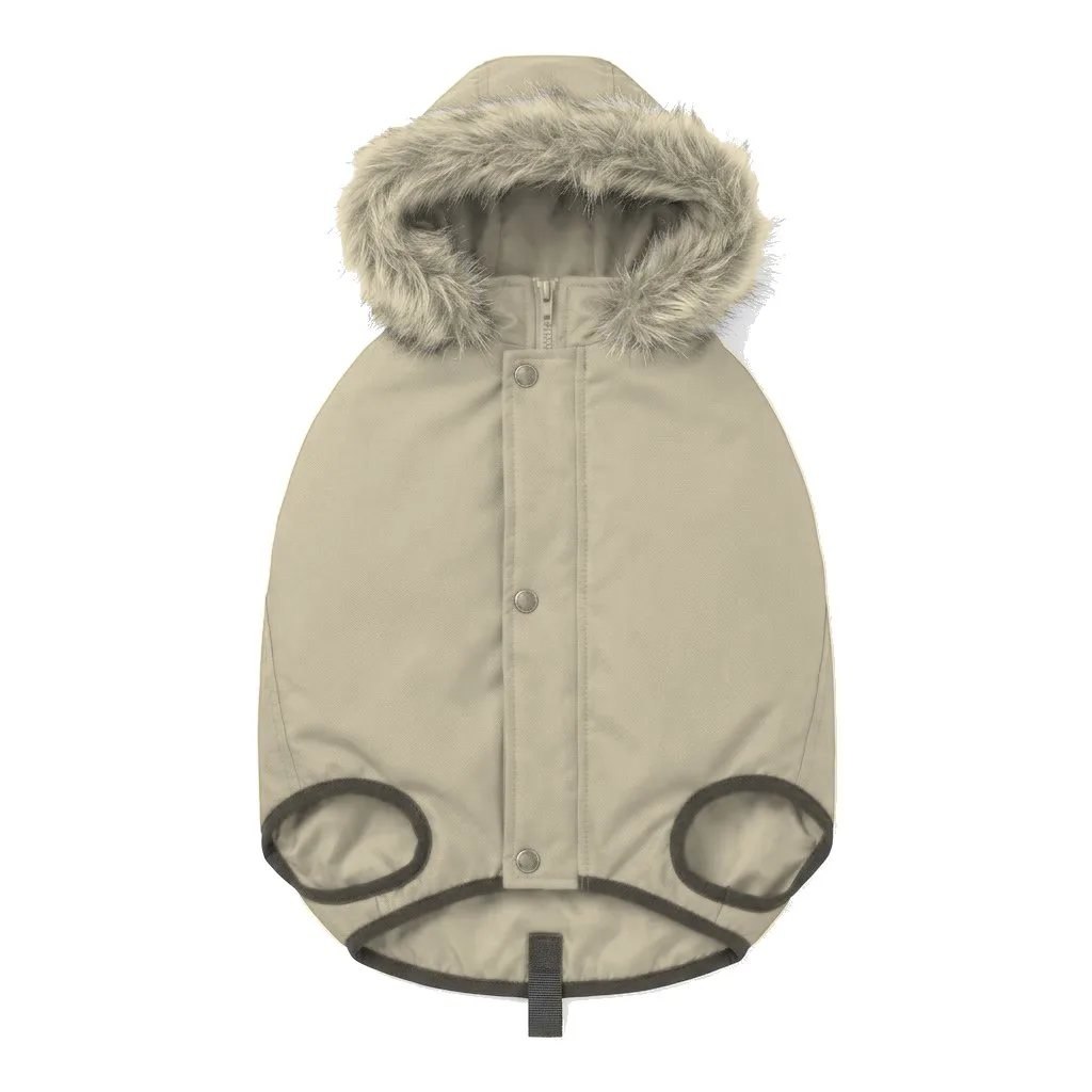 Cream Dog Hooded Puffer Parka flat lay — wholesale pet apparel, design render