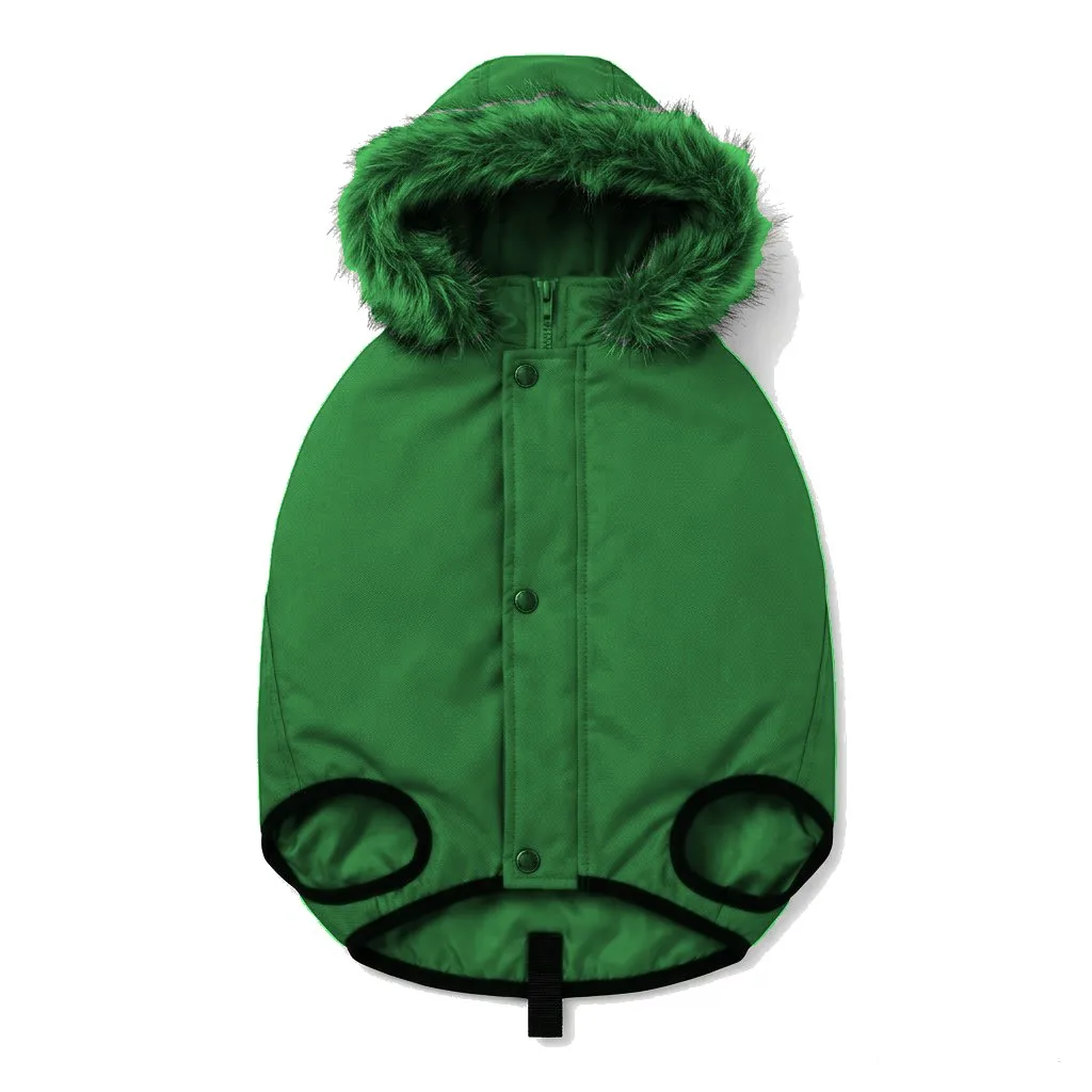 Forest Green Dog Hooded Puffer Parka flat lay — wholesale pet apparel, design render