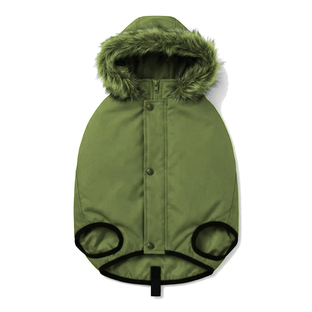 Olive Dog Hooded Puffer Parka flat lay — wholesale pet apparel, design render