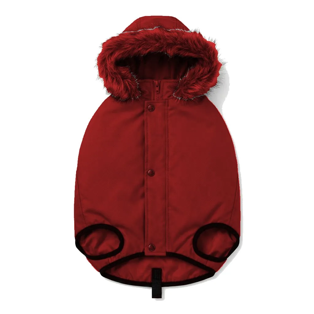 Red Dog Hooded Puffer Parka flat lay — wholesale pet apparel, design render