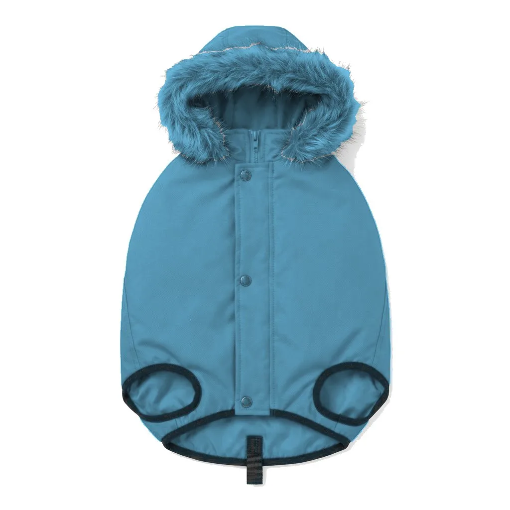 Sky Blue Dog Hooded Puffer Parka flat lay — wholesale pet apparel, design render