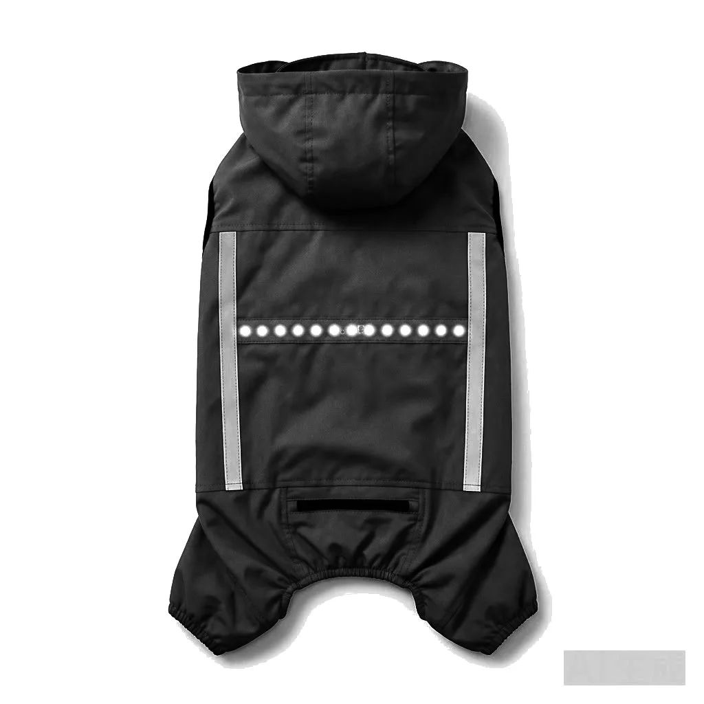 Black Dog LED Light-Up Rain Jacket flat lay — wholesale pet apparel, design render